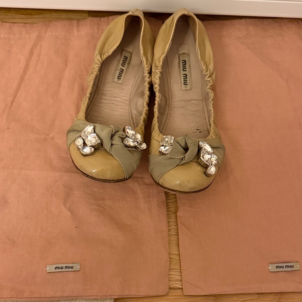 Miu Miu Tan Flats with Crystal Accents